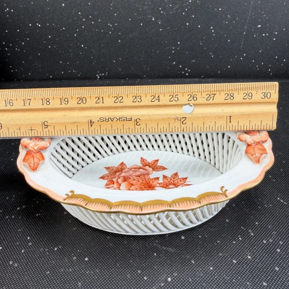 Herend Hungary Hand Painted Rust Floral Reticulated Porcelain Weave Basket Dish